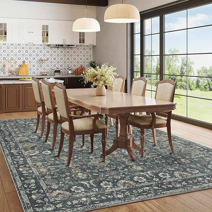 8x10 Washable Rugs for Living Room, Soft Large Rugs Blue Area Rug, Indoor Vintage Carpet for Bedroom Dining Room Office, Rubber Backed Non Slip Low Pile Mat, Deep Blue
