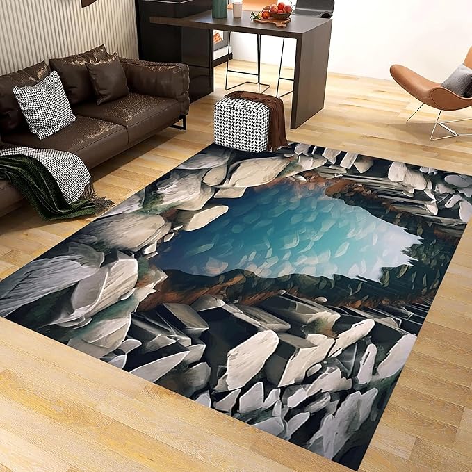 Visual Illusion Canyon Living Room Rug, 5x7ft, 3D Visual Effect Stream Indoor Throw Mat, Stone Crack Ultra Soft Home Decor Carpet, Thin Low Pile Machine Washable Rugs for Entrance