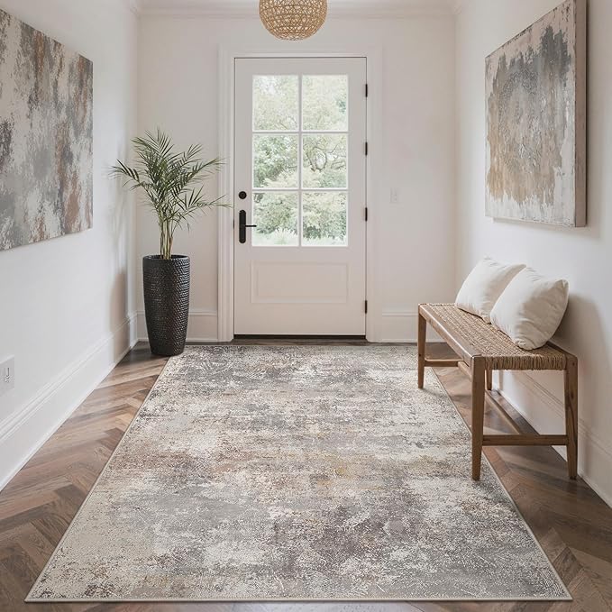 GENIMO Washable 5x7 Area Rugs for Living Room, Non Slip Modern Abstract Rug, Machine Washable Stain Resistant Low Pile Soft Carpet for Bedroom, Dining, Office, Light Grey Brown