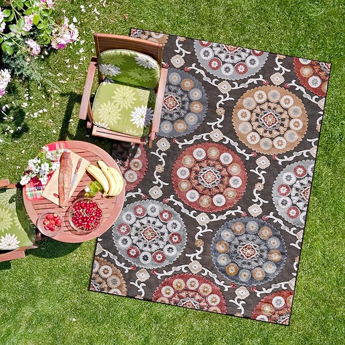 CAMILSON Indoor Outdoor Rug 9x12 Bohemian Medallion Floral Area Rugs for Indoor and Outdoor Patios Easy-Cleaning Non-Shedding Living Room Garden and Kitchen Washable Outside Carpet (9 x 12 / Brown)