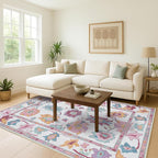 Fame Living Pink Oushak Rug, Modern Small Rugs, Vintage, Turkish, Eclectic, Floral, Pastel, Washable, Door mat, Doormat for Indoor Entrance, Entryway, Kitchen, Bathroom, Bedroom, Laundry, 2'x3'