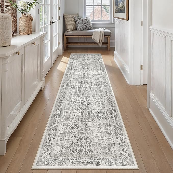Black Runner Rug 2x10 Hallway Machine Washable Kitchen Vintage Distressed Non Slip Long Carpet Indoor Retro Floral Bedroom Accent Throw Rug for Bathroom Office Laundry Dining Room