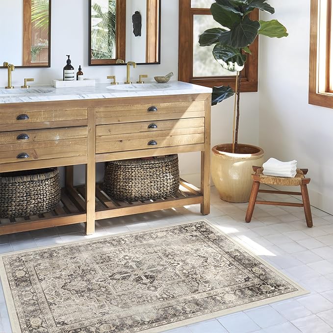 RUGGABLE Washable Vintage Area Rug – Kamran Hazel 3x5, Stain-Resistant, Non-Slip – Small Machine Washable Rugs for Living Room, Bedroom, Hallway, Entryway & Office–with Cushioned Pad