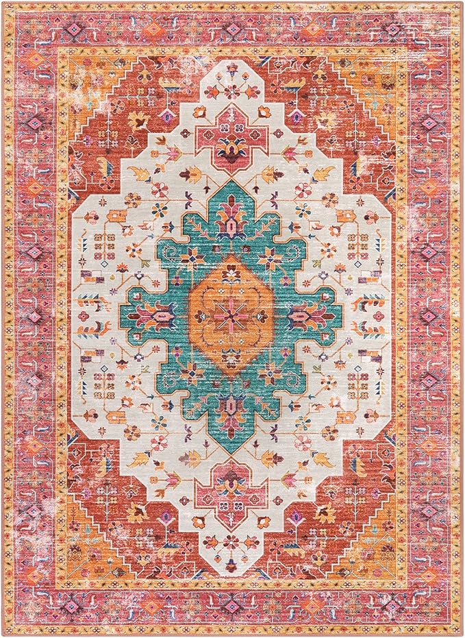 Moynesa Ultra-Thin Washable Area Rug - 4x6 Pink Rugs for Bedroom Girls Vintage Rug for Living Room, Non Slip Non Shedding Low Pile Indoor Throw Carpet for Nursery Office Entryway Kitchen Foyer