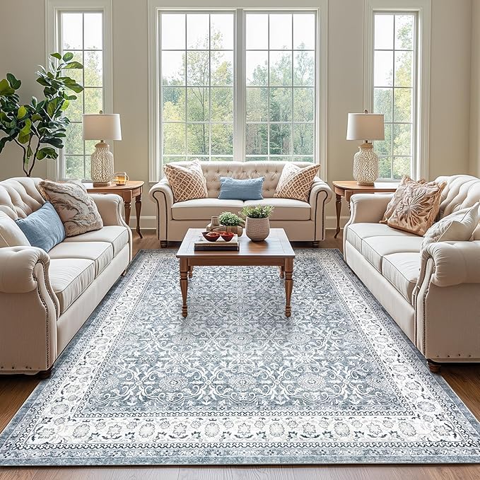 jinchan Floral 6x9 Area Rugs for Living Room - Machine Washable Vintage Distressed Boho Design Throw Rug Stain Resistant Carpet Low-Pile Thin Non-Slip for Bedroom Dining Room Nursery (6‘x9', Grey)