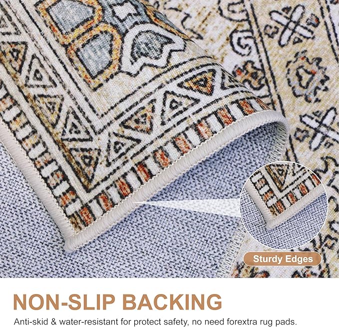 Bavni Kitchen Rug 2x5 Runner Rugs for Hallways Entryway, Washable Vintage Print Carpet, Ultra-Thin Chenille Low Pile Lightweight Rug with Non Slip Backing, Tan/Grey