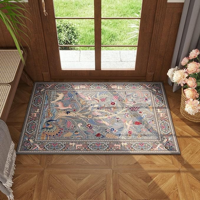 Rugcomf Indoor Door Mat 2x3 Rug Vibrant Tree of Life-Patterned Vintage Machine Washable Small Area Rug Non-Slip Low Pile Throw Rugs for Entryway Kitchen Front Door Entrance Entry Kids Room, Grey