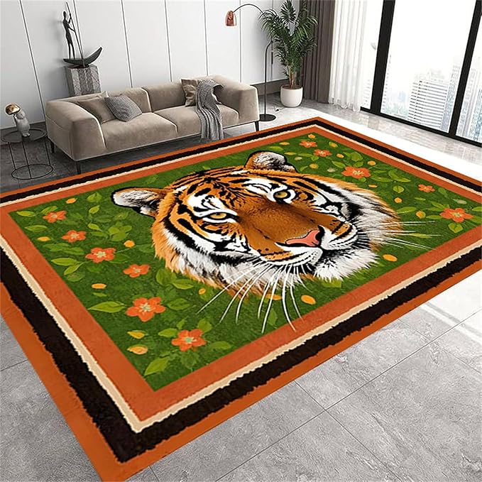 Tiger Print Rug,3x4ft,The Tiger is Surrounded by Orange and Green Floral Patterns. This Rug is Suitable for Boys and Girls' Bedrooms，Anti-Slip Carpet Suitable for Living Room Bedroom Home Decoration