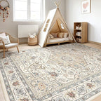 7x9 Area Rug Living Room: Washable Boho Large Neutral Vintage Soft Rugs Stain Resistant Farmhouse Non Slip Indoor Floor Carpet for Bedroom Nursery Kids Playroom Office Dining Room- Cream Blue