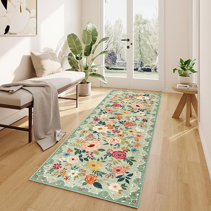 DUKINO 2x6 Kitchen Runner Rug for Hallway, Washable Runner Rug with Non Slip Backing, Low Pile Soft Boho Spring Floral Carpet for Kitchen, Hallway, Entryway, Laundry, Bedroom, Green