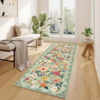DUKINO 2x6 Kitchen Runner Rug for Hallway, Washable Runner Rug with Non Slip Backing, Low Pile Soft Boho Spring Floral Carpet for Kitchen, Hallway, Entryway, Laundry, Bedroom, Green