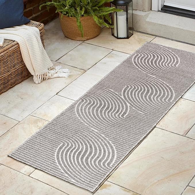 JONATHAN Y Hallie High-Low Curve Gray/Ivory Indoor/Outdoor Runner Rug, 2x10, Minimalist, Pet Friendly, Non-Shedding, Stain Resistant, Hose-Washable for Backyard, Patio, Porch (SCN100A-210)