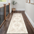 Runner Rug 3x8 Cream Hallway Washable Beige Carpet Non Slip Vintage Medallion Beige Carpet Low Pile Soft Distressed Retro Indoor Long Rug for Entryway Kitchen Bathroom Laundry Bedroom