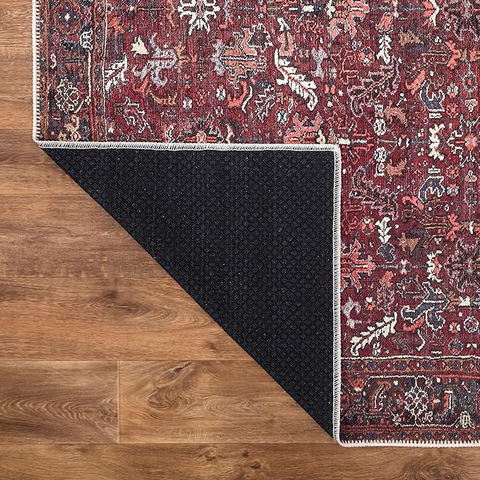 Bloom Rugs Washable Non-Slip 6' x 9' Rug - Burgundy Traditional Bordered Area Rug for Living Room, Bedroom, Dining Room, and Kitchen - Exact Size: 6' x 9'