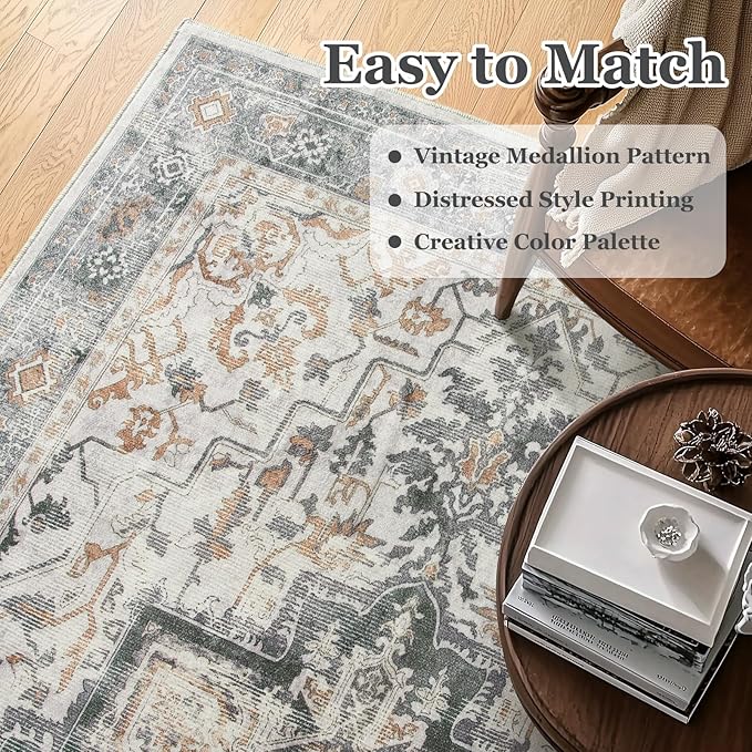 Farmhouse 6x9 Area Rugs for Living Room, Low Pile Thin Washable Non Slip Rugs for Bedroom Dining Room, Distressed Medallion Printed Soft Carpet for Home Office Guest Room, Grey/Orange-Brown