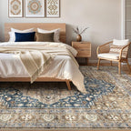 8x10 Area Rugs Living Room: Washable Boho Large Neutral Vintage Soft Rug Stain Resistant Farmhouse Non-Slip Indoor Floor Carpet for Bedroom Nursery Kids Office Dining Room Playroom- Yellow Blue