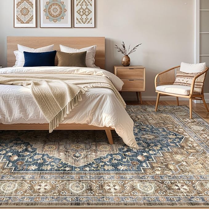 10x14 Area Rugs Living Room: Washable Boho Large Neutral Vintage Soft Rug Stain Resistant Farmhouse Non-Slip Indoor Floor Carpet for Bedroom Nursery Kids Office Dining Room Playroom- Yellow Blue
