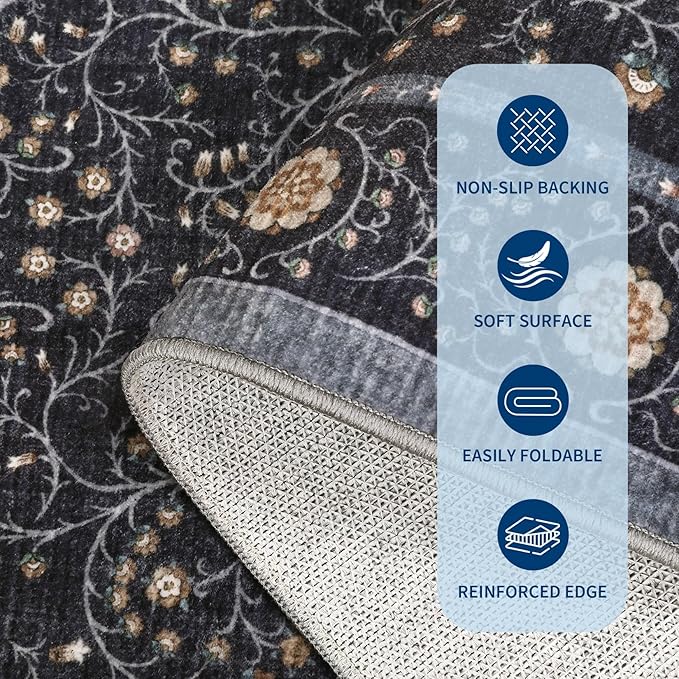 GarveeHome Boho 8x10 Area Rugs for Living Room, Floral Vintage Rugs for Bedroom with Soft Low Pile, Non Slip Stain Resistant Washable Rug 8x10 for Dining Room Blue Large Carpet for Office Playroom