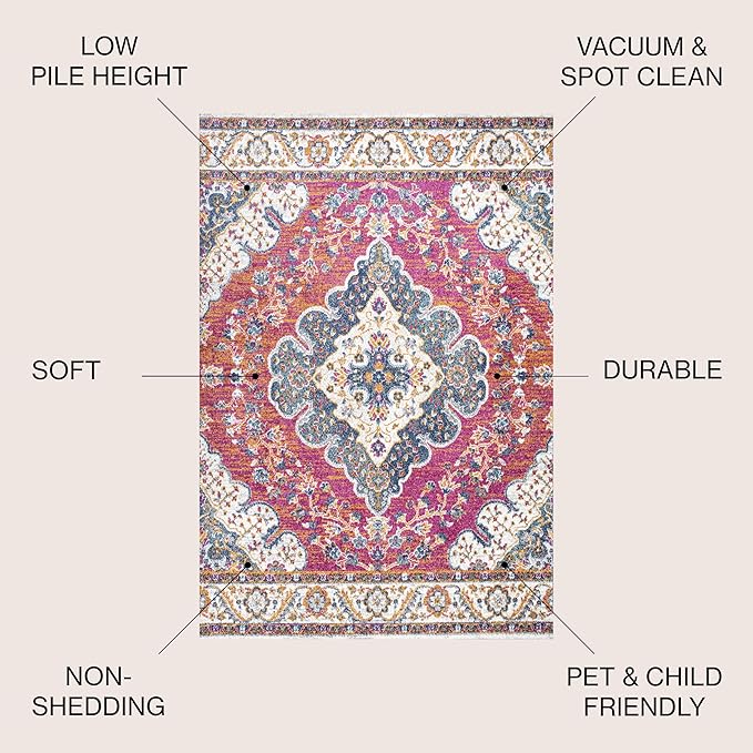 JONATHAN Y Boho Vintage Fuchsia/White Indoor Area Rug, 8x10, Bohemian Flair Medallion, Floral Easy-Cleaning High Traffic for Living Room, Bedroom, Kitchen, Pet-Friendly, Non-Shedding (BMF106C-8)