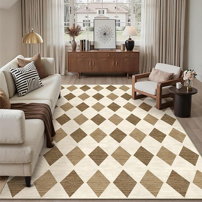 8x10 Checkered Area Rugs for Living Room Brown Machine Washable Large Rug Non-Slip Stain Resistant Low Pile Boho Accent Indoor Throw Carpet for Bedroom Dining Room Home Aesthetic Decor