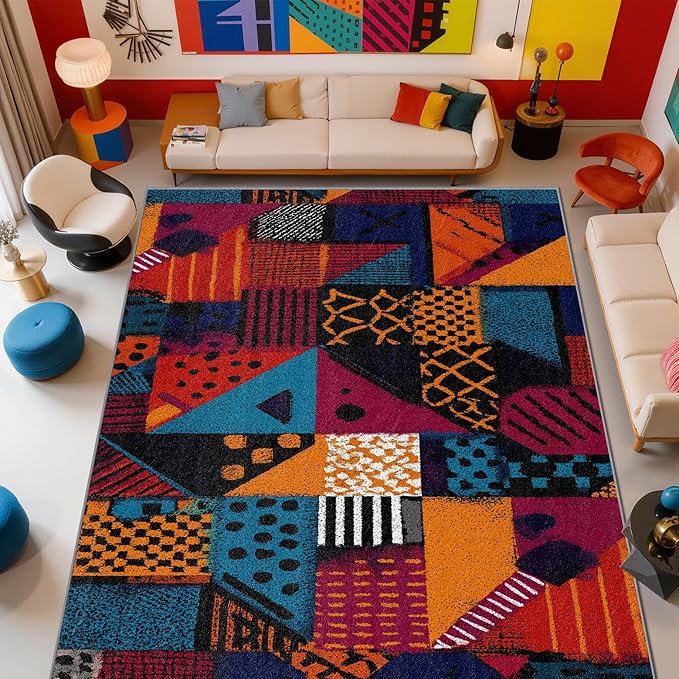 Patchwork Rug - 2x3 Area Rugs, Geometric Abstract Entryway Rug, Multicolor Retro Aesthetic Low Pile Fade Resistant Indoor Small Mats Home Decor #C014