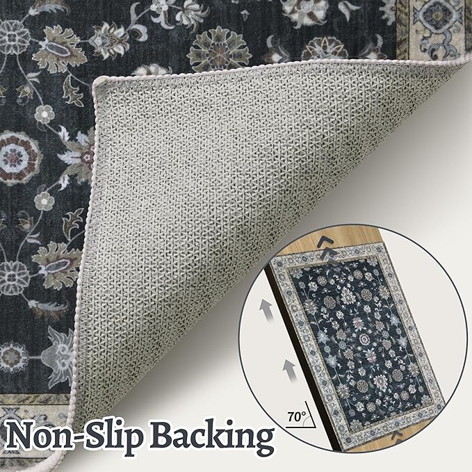 Tangsoo Black 8x10 Washable Area Rugs for Living Room, Floral Vintage Indoor Non Slip Large Area Rugs, Print Carpet Soft Low Pile Foldable Floor Rug for Bedroom Dining Room Dorm