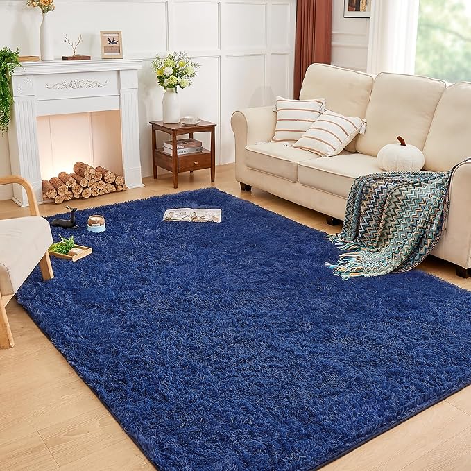 Andency 8x10 Area Rugs for Living Room, Navy Non-Slip Fluffy Soft Large Shag Bedroom Carpet, Big Indoor Thick Nursery Rug for Kids Dorm Home Decor Aesthetic