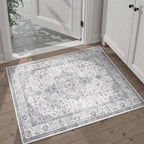 HUGEAR 2x3 Entryway Area Rug Vintage Grey Small Rug Machine Washable Door Mat Neutral Floral Low Pile Carpet Vacuumable Thin Throw Rug Entrance Kitchen Bathroom Bedroom Non Slip Lightweight