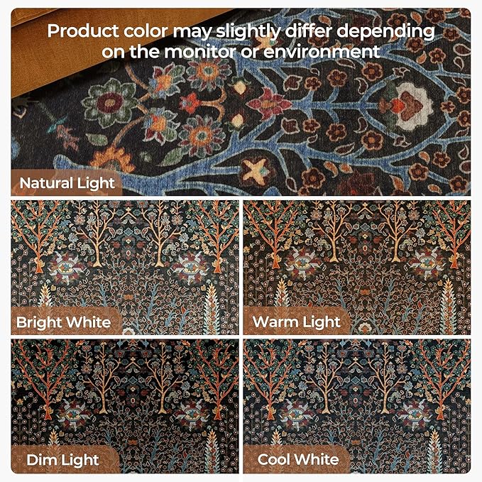 Kokia Boho Vintage Floral Area Rugs, Washable Oriental Botanical Rugs for Living Room, Bedroom, Dining Room, Office, Large Soft Indoor Area Rug, Wild Black，8x10