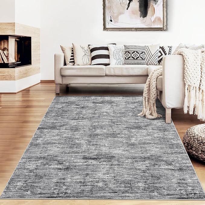 RUGSREAL Bedroom Area Rug 4x6 Modern Abstract Area Rug Stain Resistant Living Room Rug Contemporary Dining Room Rug Non-Slip Solid Rug Aesthetic Accent Floor Carpet for Kitchen Office, Ivory/Grey