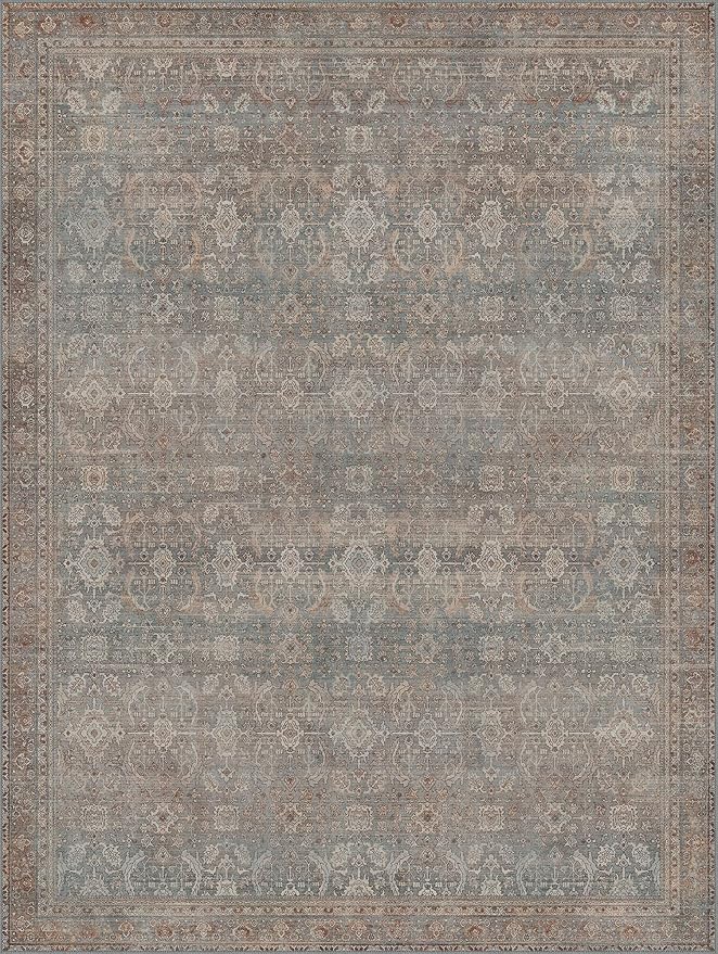 9x12 Area Rug Machine Washable Boho Rug for Living Room,Ultra-Thin Low Pile Carpet,Lightweight Indoor Printed Rug,Non Slip Floral Area Rug for Bedroom, Dining Room, Home Office,Grayish Blue