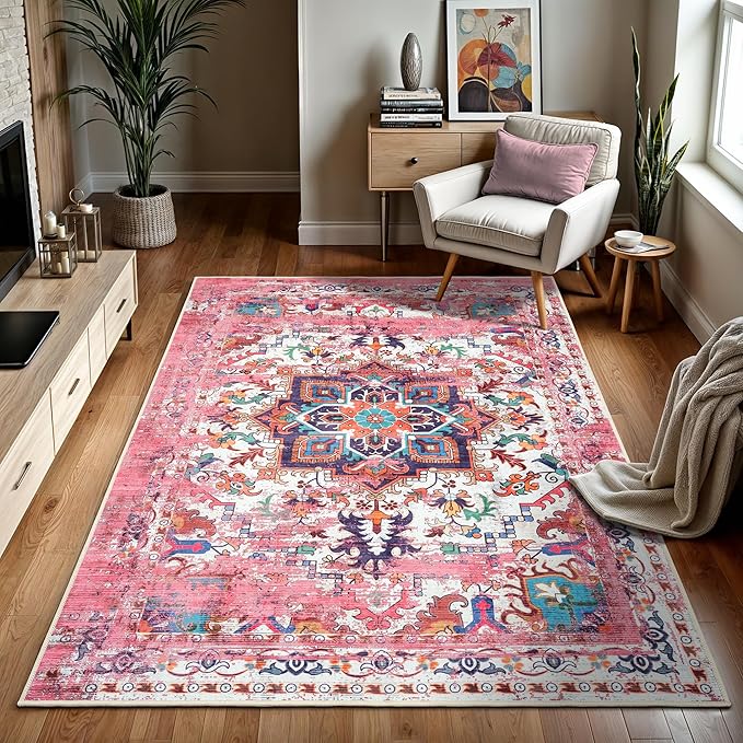 GLN Rugs Traditional Collection - Machine Washable Area Rug, Traditional Washable, Non Slip, Low Pile Chenille Rug, Living Room, Bedroom, Kitchen Rug (3' x 5' Pink/Multicolor)