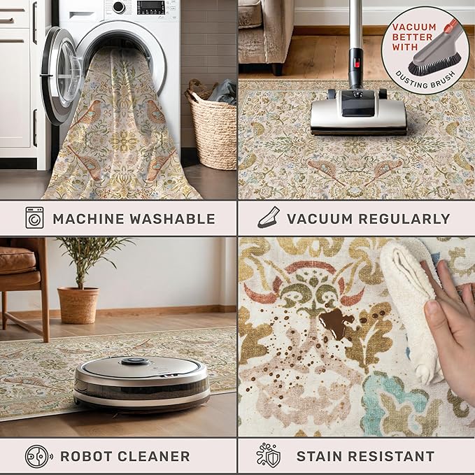 Washable Area Rugs 5x7 for Living Room - Boho Cottagecore Earthy Rugs for Bedroom, Dinning Room, Office with Vintage Beige Taupe Botanical & Bird Pattern, Non Slip Stain Resistant Low Pile