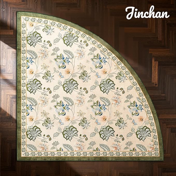 jinchan Elora Floral Corner Rug for Living Room Washable Bedroom Rug Vintage Romance Design Non Slip Quarter Circle Lightweight Low-Pile Throw Carpet for Reading Nook Playroom,6ft Radius, Green/Beige