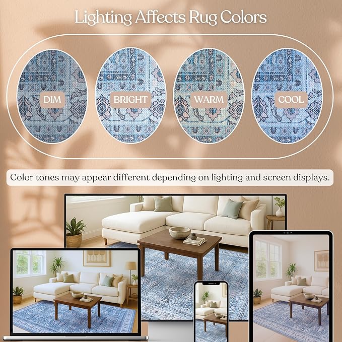 Fame Living Washable Area Rug. Modern Farmhouse. Vintage. Turkish. Bohemian. Distressed. Oriental. Traditional. Rugs for Living Room. Dining. Bedroom. Office. Entryway. Foyer. (866CBl, 9' x 12')