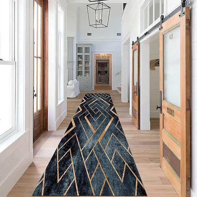 Navy Blue Gold Geometric Rug Runners for Hallways, 2.6x7ft, Modern Gold Line Indoor Carpet, Minimalist Art Durable Fade Resistant Rugs, Anti-Skid High Traffic Rugs for Kitchen LaundryRoom