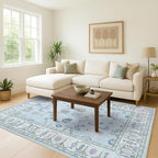 Fame Living Cream Blue Oushak Rug, Modern Rugs, Vintage, Turkish, Eclectic, Floral, Pastel, Washable, Small Throw, Accent Area Rug for Living Room, Bedroom, Kitchen, Bathroom, 2'5"x4'9