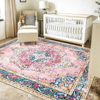 8x10 Area Rugs for Living Room Pink Boho Rug Vintage Rug Non-Slip Washable Low Pile Foldable Large Rugs for Bedroom Dining Room Indoor Floor Carpet