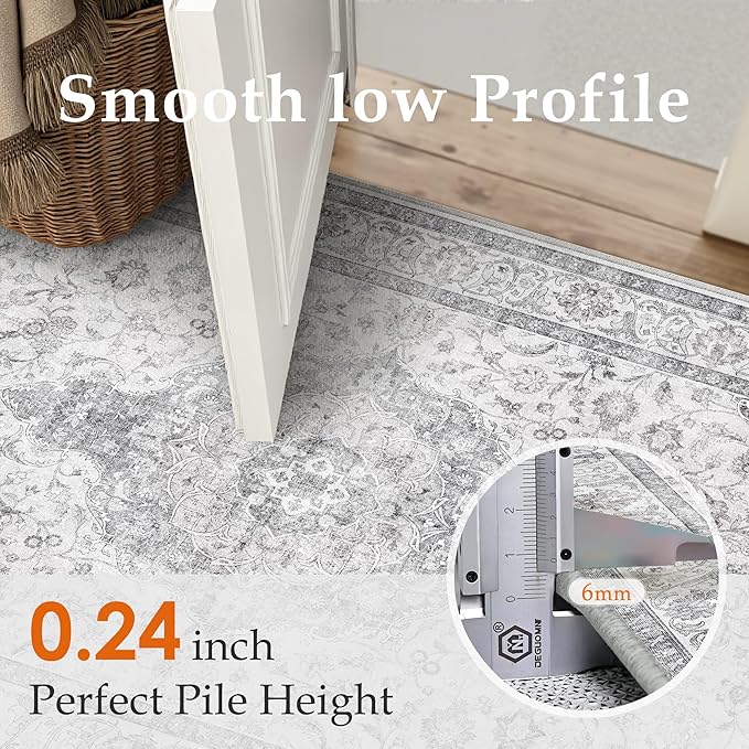 HUGEAR 2x3 Entryway Area Rug Vintage Grey Small Rug Machine Washable Door Mat Neutral Floral Low Pile Carpet Vacuumable Thin Throw Rug Entrance Kitchen Bathroom Bedroom Non Slip Lightweight