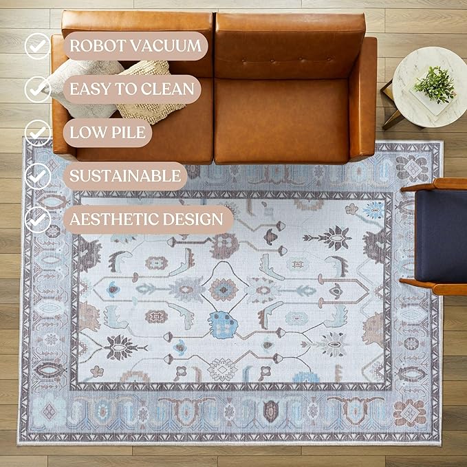 Fame Living Cream Grey Oushak Runner Rug, Modern Runners, Vintage, Turkish, Eclectic, Floral, Pastel, Washable, Long Runner Rugs for Hallway, Kitchen, Living Room, Bedroom, Kitchen, Bathroom, 2'5"x13'
