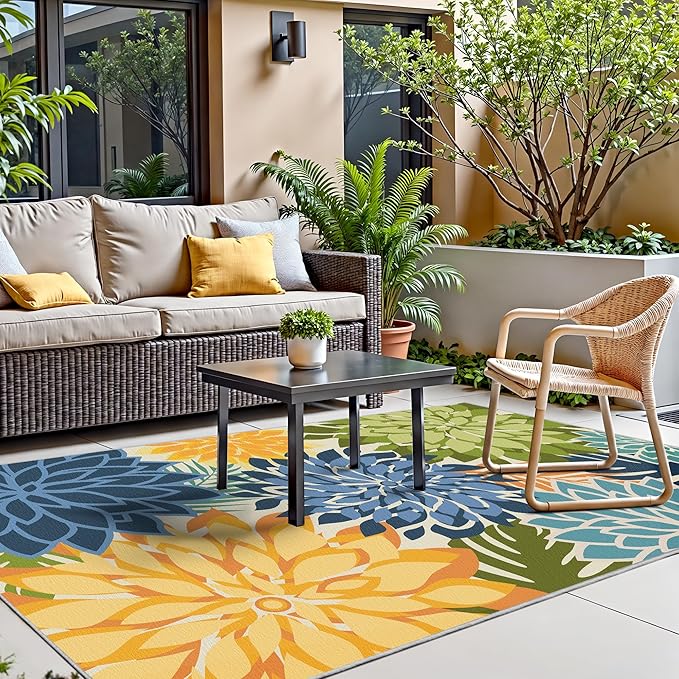 3x5 Washable Rug for Living Room Tropical Botanical Modern Floral Chenille Area Rugs Low Pile Non Slip Carpet for Patio, Bedroom, Laundry, Green