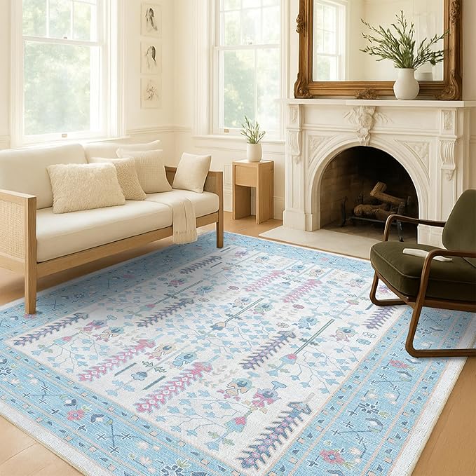 Fame Living Cream Blue Oushak Runner Rug, Modern Runners, Turkish, Eclectic, Pastel, Washable, Small Rugs, Short Runner for Hallway, Entryway, Laundry, Foyer, Bedroom, Kitchen, Bathroom, 2'5"x6'5"