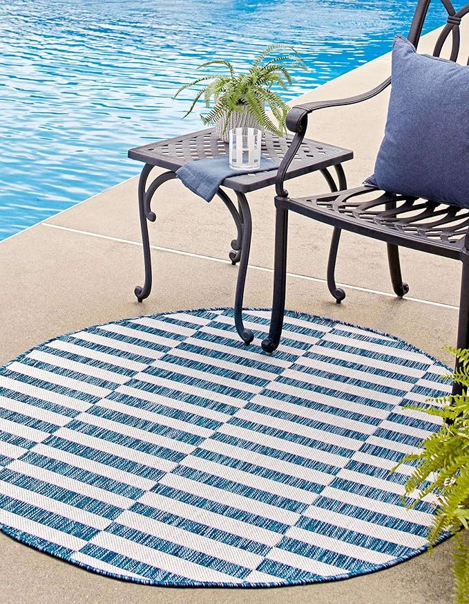 Unique Loom Outdoor Striped Collection Area Rug - Striped (7' 10" Round Blue/Ivory)