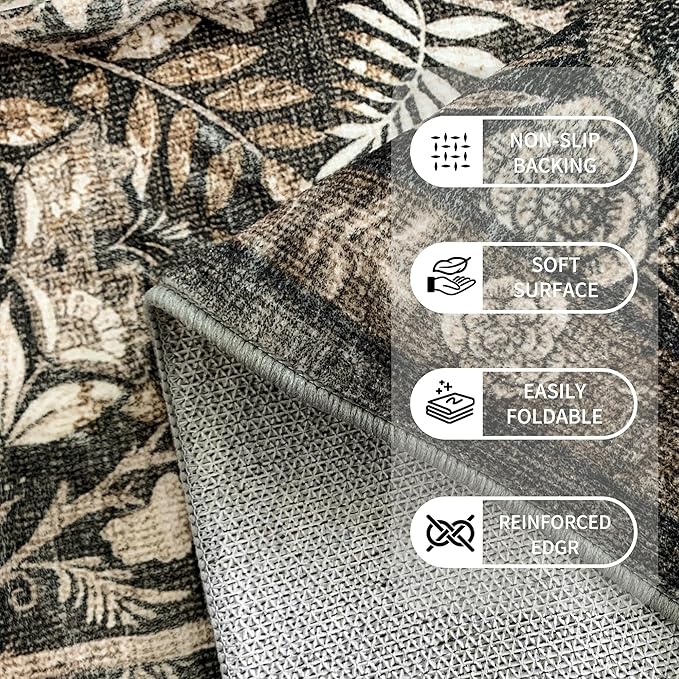 Washable Living Room Rug: 6x9 Boho Floral Soft Area Rug for Bedroom Decor - Vintage Low Pile Thin Carpet for Dining Room Non-Slip - Farmhouse Stain Resistant Rugs - Dark Brown