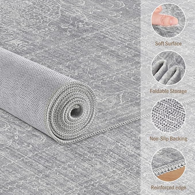 Area Rugs 9x12 Living Room: Washable Large Vintage Grey Rug Neutral Non-Slip Soft Stain Resistant Indoor Carpet for Bedroom Nursery Dining Room Under Table Bed Home House Office Playroom