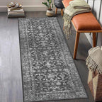 Washable Area Rug 2.6x8 Black Runner Rugs for Living Room, Vintage Boho Hallway Large Rug for Bedroom Dining Room Office, Distressed Floral Carpet for Under Table, Soft Non Slip Low Pile Throw Carpet