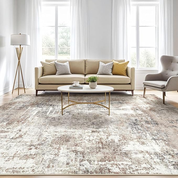 7x9 Area Rug Living Room: Machine Washable Large Abstract Soft Rugs Stain Resistant Indoor Floor Non Slip Accent Carpet for Bedroom Nursery Playroom Office Dining Room Dorm Home House- Brown