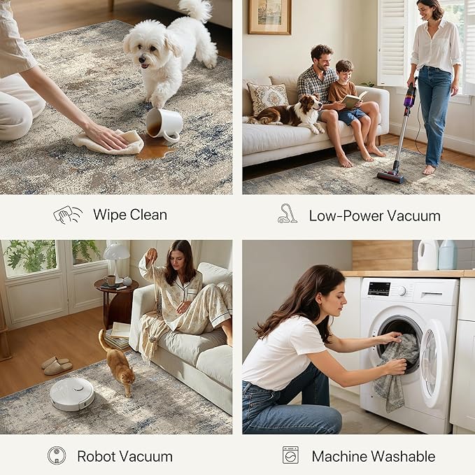 GENIMO Washable 8x10 Area Rugs for Living Room, Non Slip Modern Abstract Rug, Machine Washable Stain Resistant Low Pile Soft Carpet for Bedroom, Dining, Office,Grey Beige