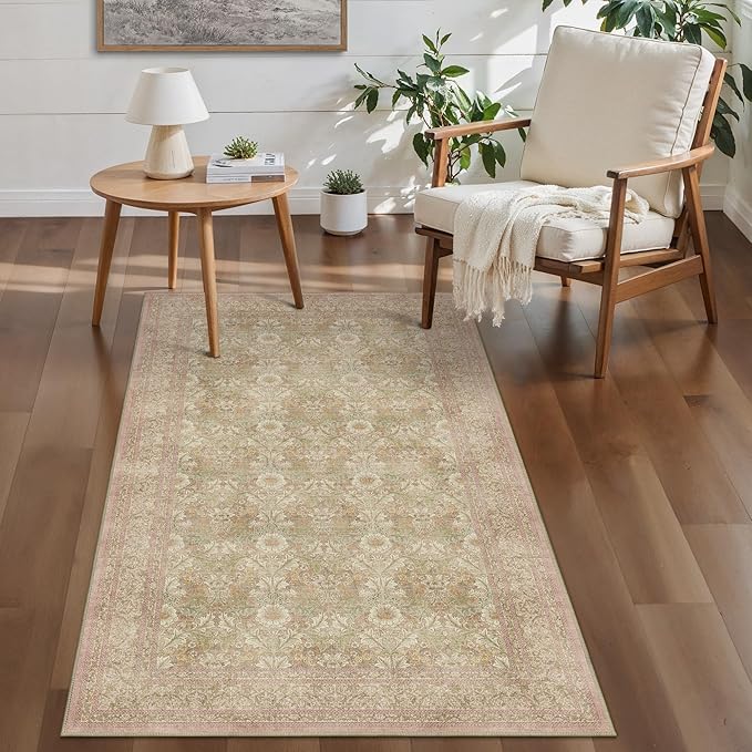 Bavni 4x6 Vintage Floral Rug, Washable Non Slip Area Rug for Entryway, Bedroom, Kitchen or Living Room, Low Pile Carpet, Brown Pink