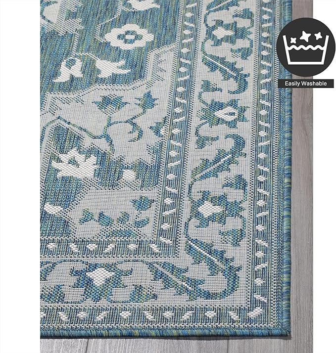FH Home Flat Woven Outdoor Rug - Waterproof, Easy to Clean, Stain Resistant - Premium Polypropylene Yarn - Vintage - Large Patio, Deck, Sunroom - Shiraz - Ocean - 7ft 10 in x 10ft 9in